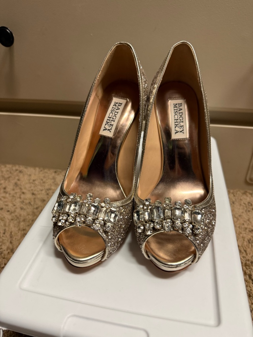 Badgley Mischka Rose Gold Glitter Peep-Toe Pumps with Crystal Accent - Picture 2 of 7